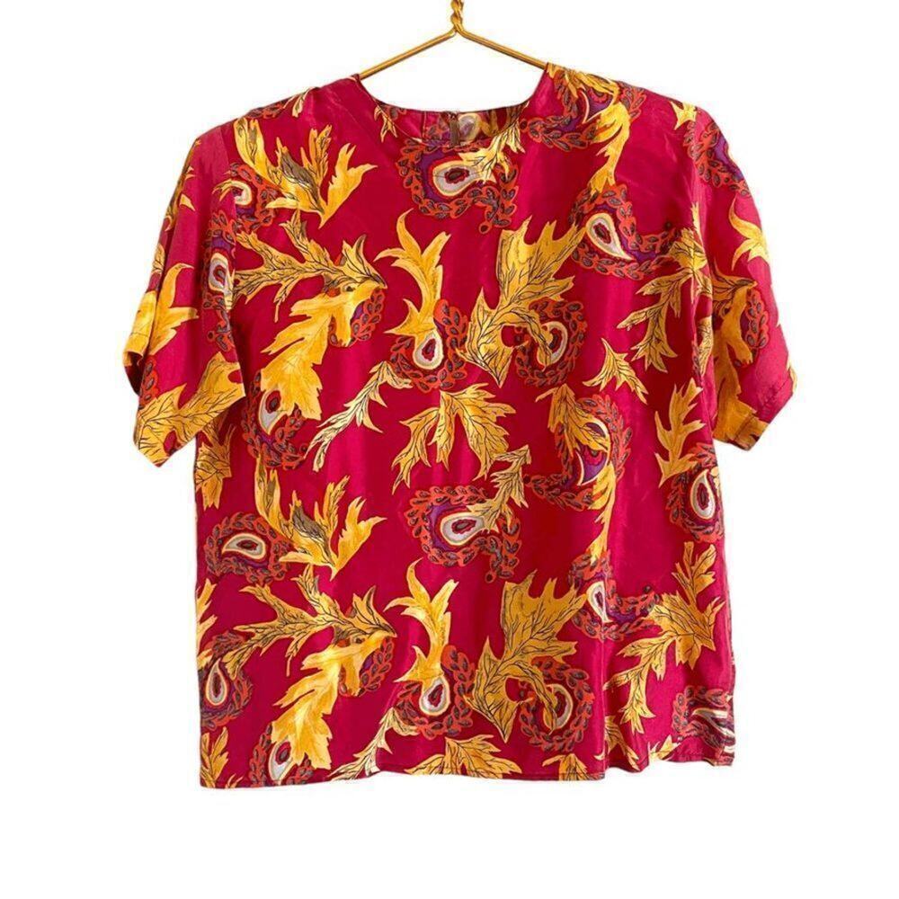 Vintage Oscar De La Renta Blouse Women's L 100% Silk Floral Short Sleeve